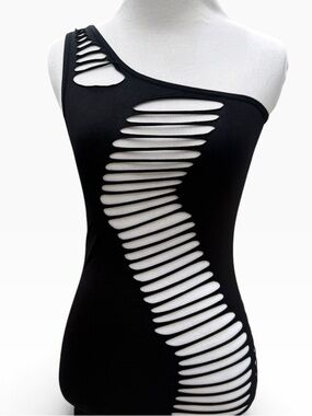 🍒2 for 55$🍒Y2K One-Shoulder Black Mini Dress with Diagonal Ladder Cutouts